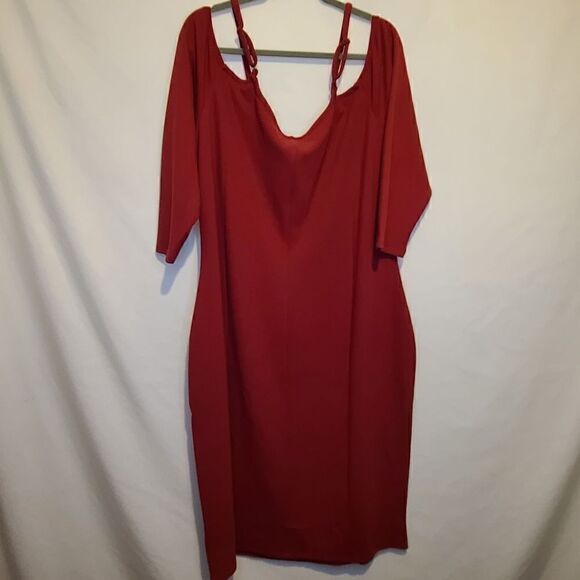 26/28 Lane Bryant Red Ribbed Bodycon Dress Cold Shoulder Date Nght Fitted Scoop - Picture 6 of 6